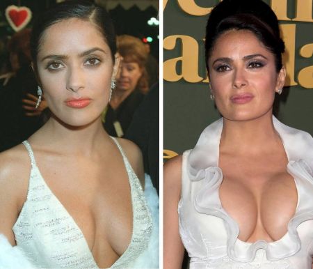 Before and after shot of Salma Hayek